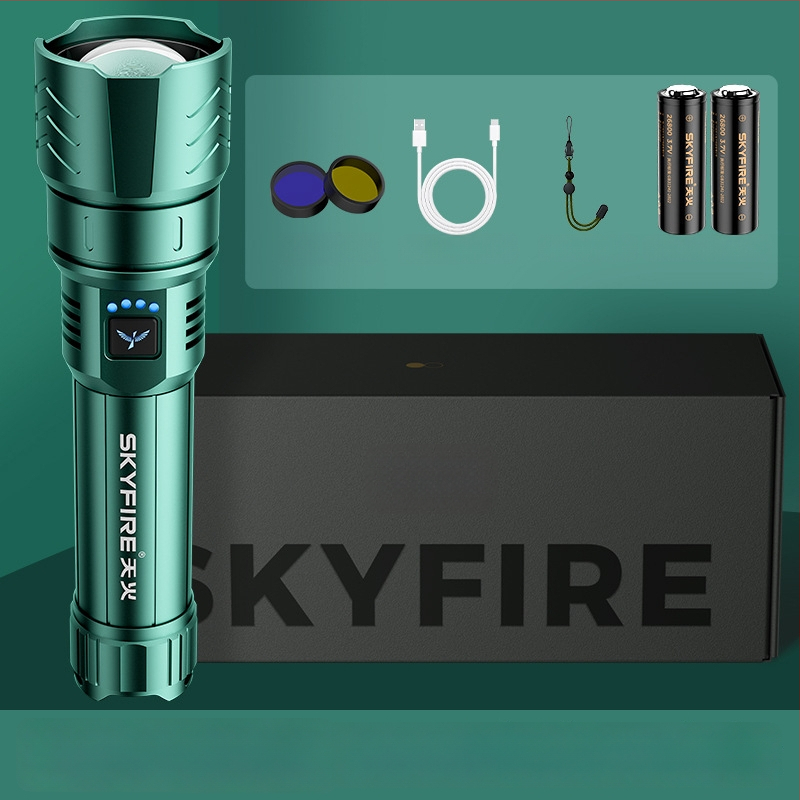 Skyfire LED batéria so laserom pre vonkajšie použitie, dosah 500 m+, 4000 mAh, 16 W, hliníková zliatina, ručné nabíjanie, 360° otáčanie