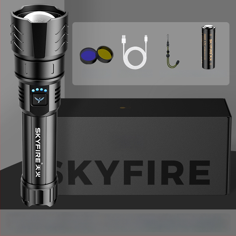 Skyfire LED batéria so laserom pre vonkajšie použitie, dosah 500 m+, 4000 mAh, 16 W, hliníková zliatina, ručné nabíjanie, 360° otáčanie