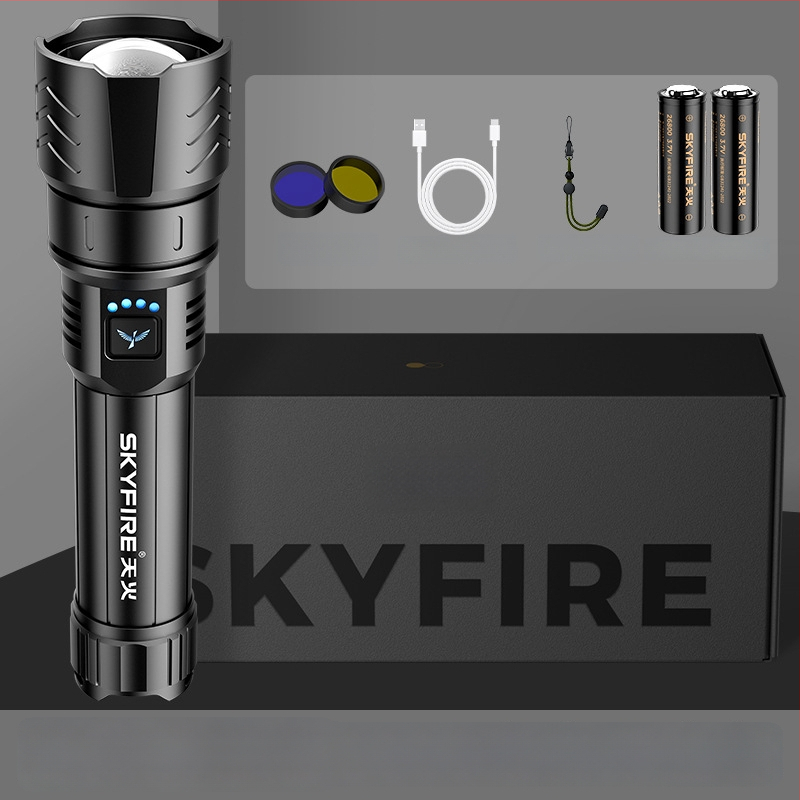 Skyfire LED batéria so laserom pre vonkajšie použitie, dosah 500 m+, 4000 mAh, 16 W, hliníková zliatina, ručné nabíjanie, 360° otáčanie