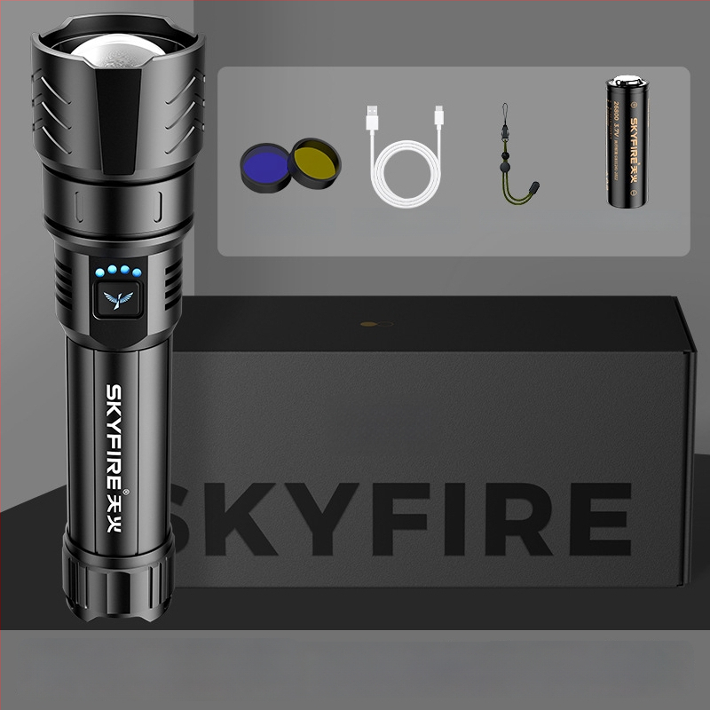 Skyfire LED batéria so laserom pre vonkajšie použitie, dosah 500 m+, 4000 mAh, 16 W, hliníková zliatina, ručné nabíjanie, 360° otáčanie