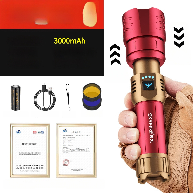 Skyfire LED batéria so laserom pre vonkajšie použitie, dosah 500 m+, 4000 mAh, 16 W, hliníková zliatina, ručné nabíjanie, 360° otáčanie