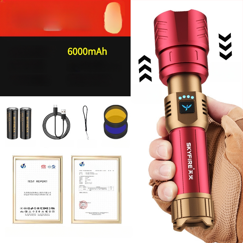 Skyfire LED batéria so laserom pre vonkajšie použitie, dosah 500 m+, 4000 mAh, 16 W, hliníková zliatina, ručné nabíjanie, 360° otáčanie