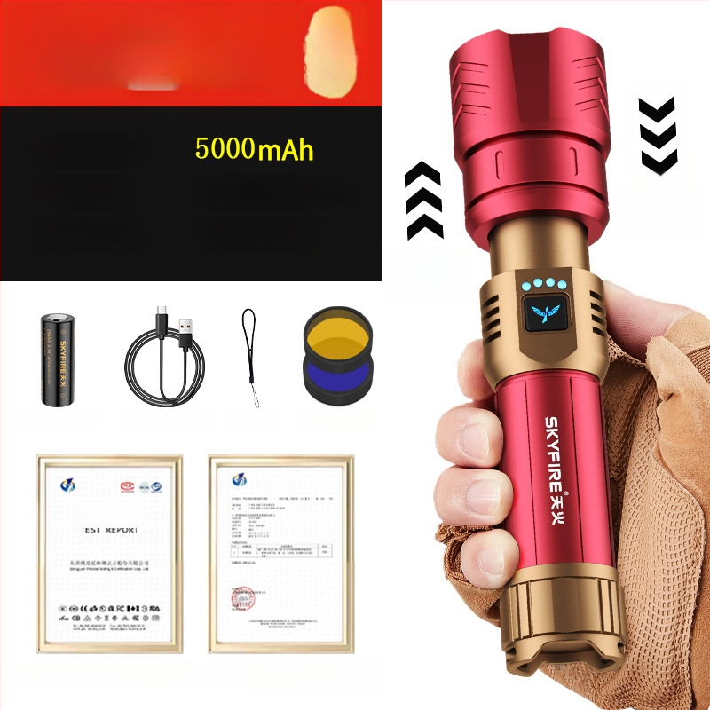 Skyfire LED batéria so laserom pre vonkajšie použitie, dosah 500 m+, 4000 mAh, 16 W, hliníková zliatina, ručné nabíjanie, 360° otáčanie