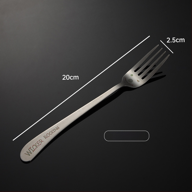 Sada príborov z 304 nerezovej ocele s laserovým motívom úsmevu a naklonenou rúčkou – lyžica, paličky a vidlička, kompletná sada s logom