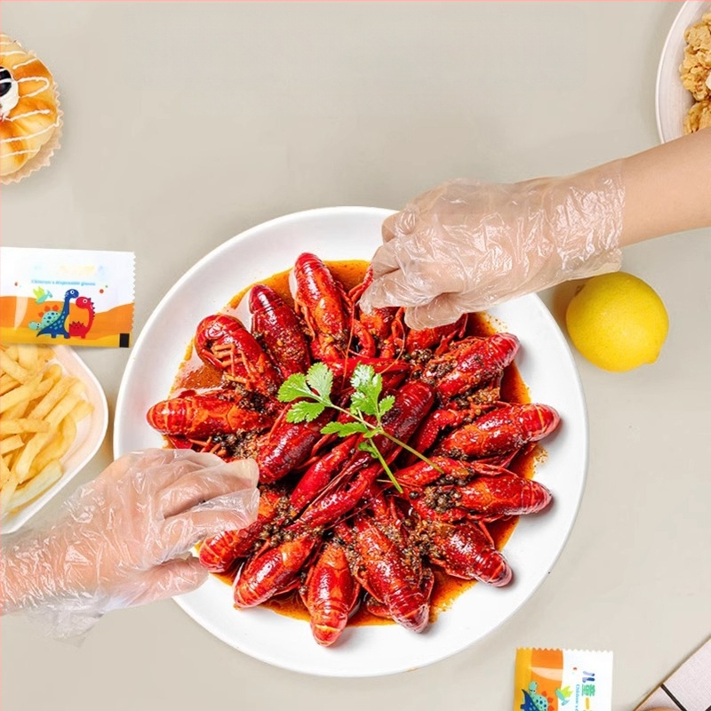 Detské jednorázové rukavice určené na spracovanie potravín, PE materiál, jednotlivo balené, značka Anyou Shield, typ: jednorázové, na spracovanie potravín