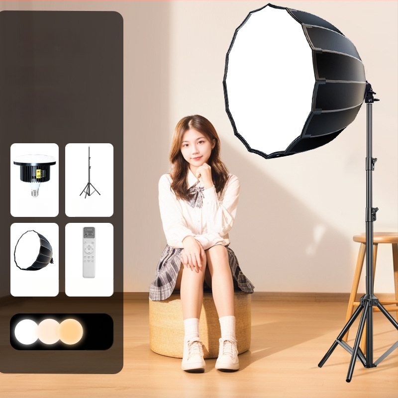 Profesionalus LED grybų lemputė fotografavimui su nuotolinio valdymo – ryškumas reguliuojamas, spalvų temperatūra reguliuojama, tinka tiesioginėms transliacijoms ir fotografavimui