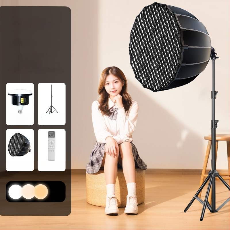 Profesionalus LED grybų lemputė fotografavimui su nuotolinio valdymo – ryškumas reguliuojamas, spalvų temperatūra reguliuojama, tinka tiesioginėms transliacijoms ir fotografavimui