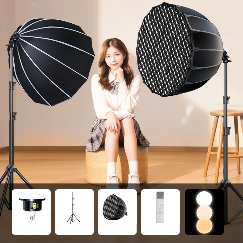 Profesionalus LED grybų lemputė fotografavimui su nuotolinio valdymo – ryškumas reguliuojamas, spalvų temperatūra reguliuojama, tinka tiesioginėms transliacijoms ir fotografavimui