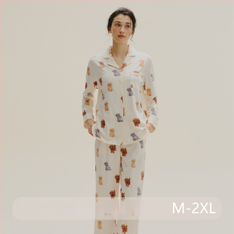 Pamučni pižama set s kardiganom s reverom, dugim rukavima i hlačama – jednostavan casual kućni komad