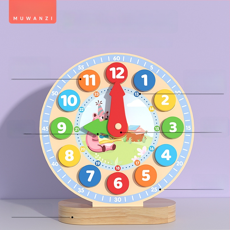 Drevená vzdelávacia hodinková hračka pre deti 4–6 rokov — podporuje praktické učenie a kognitívny rozvoj; balené v farebnej škatuľke