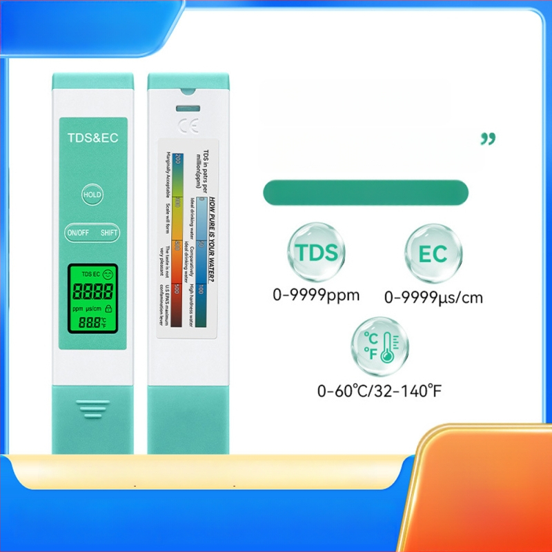 Prenosný TDS/EC merací prístroj na vodu — vysoká presnosť, rozsah 0–9990 ppm, presnosť ±1, rozlíšenie 1 ppm, napájanie 3V