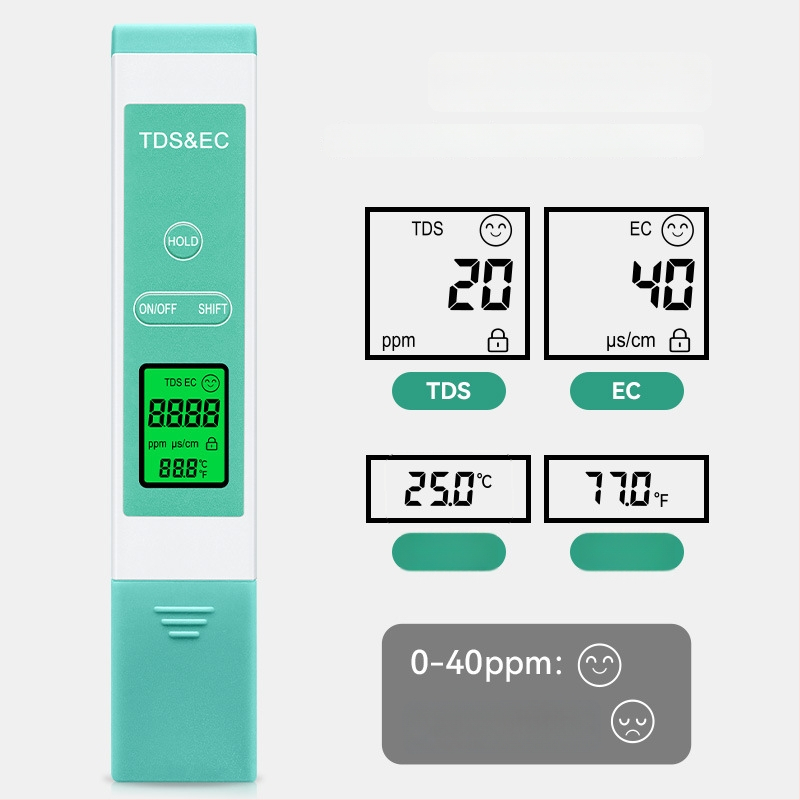 Prenosný TDS/EC merací prístroj na vodu — vysoká presnosť, rozsah 0–9990 ppm, presnosť ±1, rozlíšenie 1 ppm, napájanie 3V