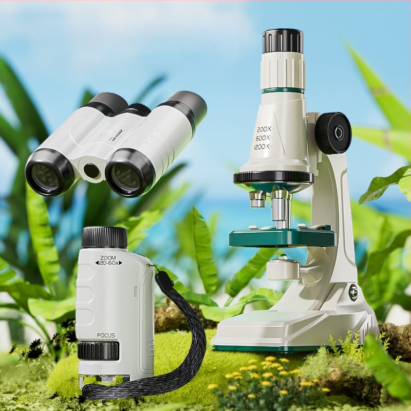 Výchovná súprava pre vedecké pokusy so mikroskopom a binokulárnym vysokovýkonným ďalekohľadom; plastový materiál; pre vek 7–14 rokov; značka Learn from Yuma; pôvod: Guangdong, Čína.