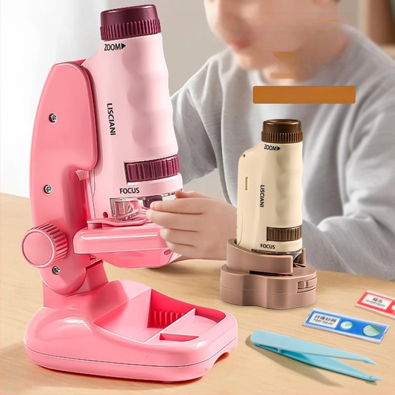 Ručný prenosný mikroskop v karikatúrnom dizajne, mini tri-in-one mikroskop pre výučbu biológie/chemie, plastová konštrukcia, vhodný pre deti 7–14 rokov.