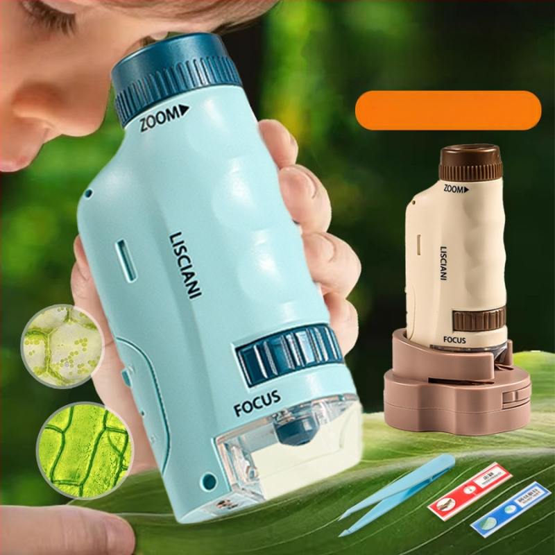 Ručný prenosný mikroskop v karikatúrnom dizajne, mini tri-in-one mikroskop pre výučbu biológie/chemie, plastová konštrukcia, vhodný pre deti 7–14 rokov.