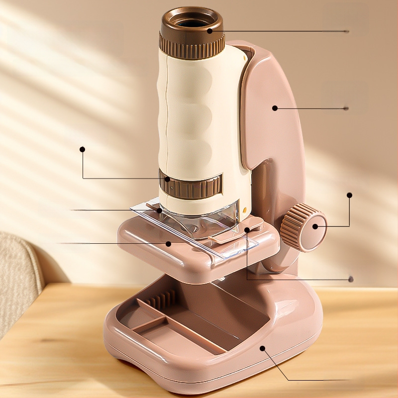 Ručný prenosný mikroskop v karikatúrnom dizajne, mini tri-in-one mikroskop pre výučbu biológie/chemie, plastová konštrukcia, vhodný pre deti 7–14 rokov.