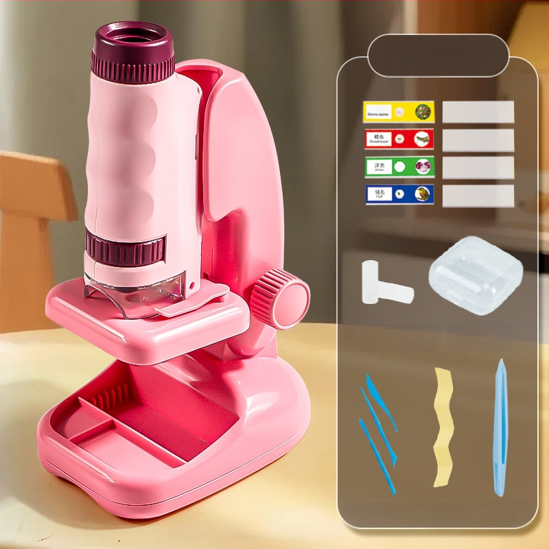 Ručný prenosný mikroskop v karikatúrnom dizajne, mini tri-in-one mikroskop pre výučbu biológie/chemie, plastová konštrukcia, vhodný pre deti 7–14 rokov.