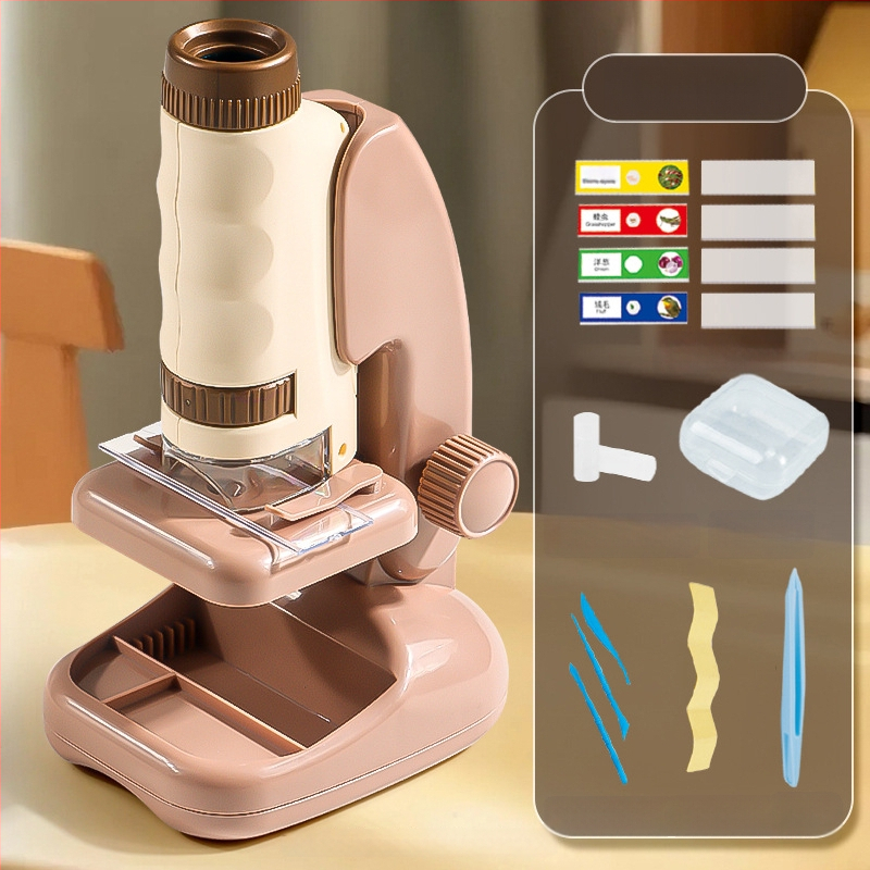 Ručný prenosný mikroskop v karikatúrnom dizajne, mini tri-in-one mikroskop pre výučbu biológie/chemie, plastová konštrukcia, vhodný pre deti 7–14 rokov.