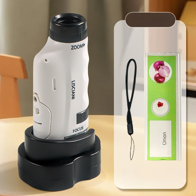 Ručný prenosný mikroskop v karikatúrnom dizajne, mini tri-in-one mikroskop pre výučbu biológie/chemie, plastová konštrukcia, vhodný pre deti 7–14 rokov.