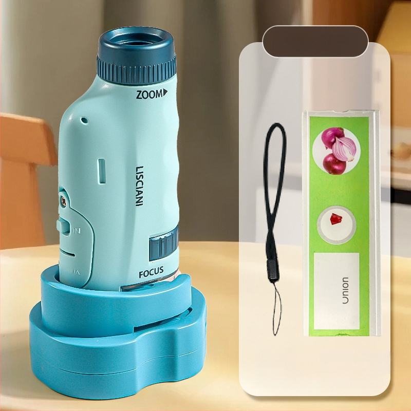 Ručný prenosný mikroskop v karikatúrnom dizajne, mini tri-in-one mikroskop pre výučbu biológie/chemie, plastová konštrukcia, vhodný pre deti 7–14 rokov.