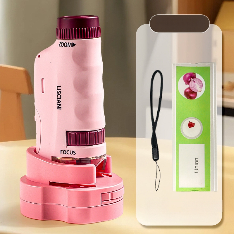 Ručný prenosný mikroskop v karikatúrnom dizajne, mini tri-in-one mikroskop pre výučbu biológie/chemie, plastová konštrukcia, vhodný pre deti 7–14 rokov.