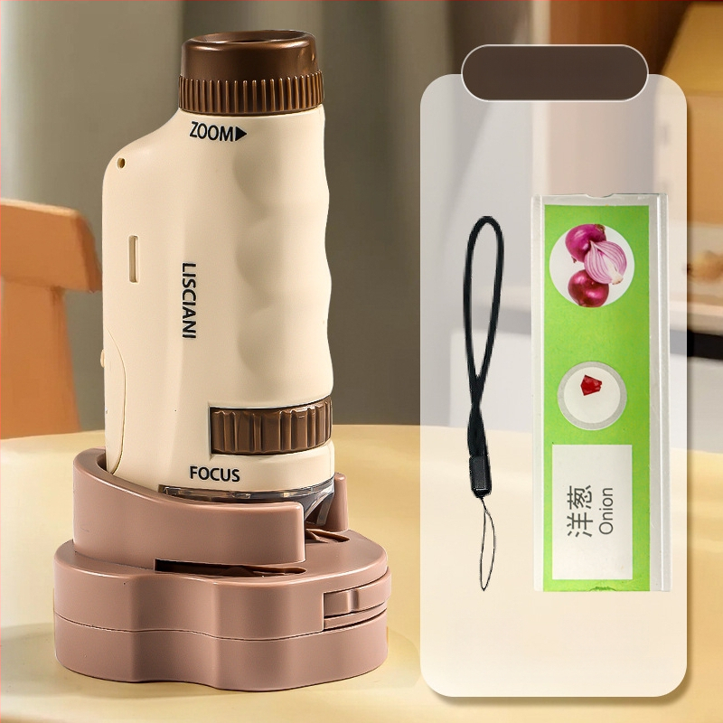 Ručný prenosný mikroskop v karikatúrnom dizajne, mini tri-in-one mikroskop pre výučbu biológie/chemie, plastová konštrukcia, vhodný pre deti 7–14 rokov.