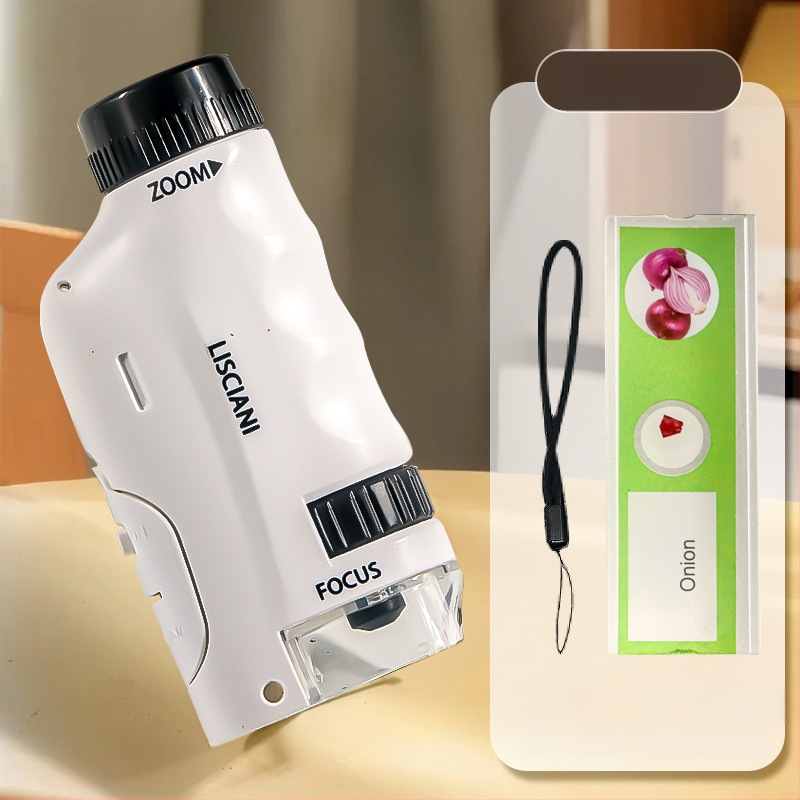 Ručný prenosný mikroskop v karikatúrnom dizajne, mini tri-in-one mikroskop pre výučbu biológie/chemie, plastová konštrukcia, vhodný pre deti 7–14 rokov.