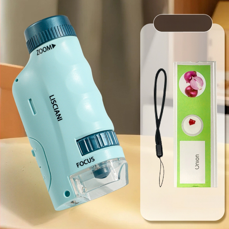 Ručný prenosný mikroskop v karikatúrnom dizajne, mini tri-in-one mikroskop pre výučbu biológie/chemie, plastová konštrukcia, vhodný pre deti 7–14 rokov.