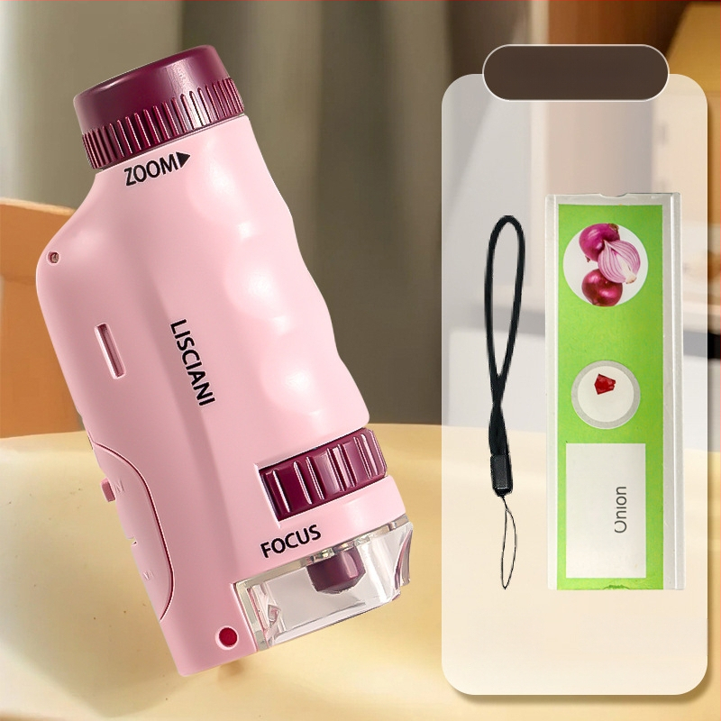 Ručný prenosný mikroskop v karikatúrnom dizajne, mini tri-in-one mikroskop pre výučbu biológie/chemie, plastová konštrukcia, vhodný pre deti 7–14 rokov.