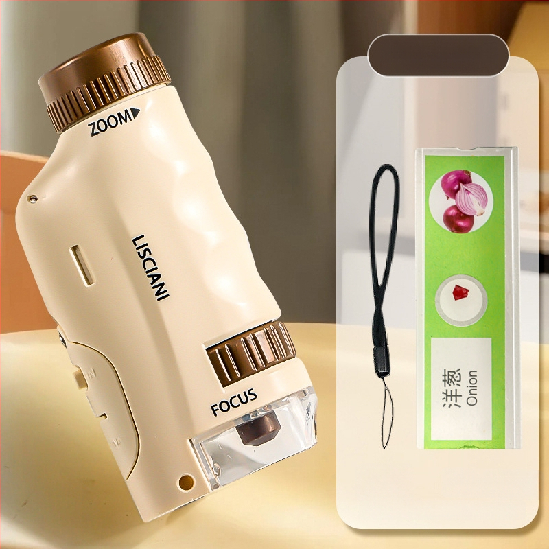 Ručný prenosný mikroskop v karikatúrnom dizajne, mini tri-in-one mikroskop pre výučbu biológie/chemie, plastová konštrukcia, vhodný pre deti 7–14 rokov.