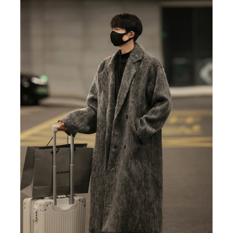 Pánsky vlnený dlhý kabát v kórejskom štýle, dĺžka nad kolená, jednoradové zapínanie, Turn-Down golier