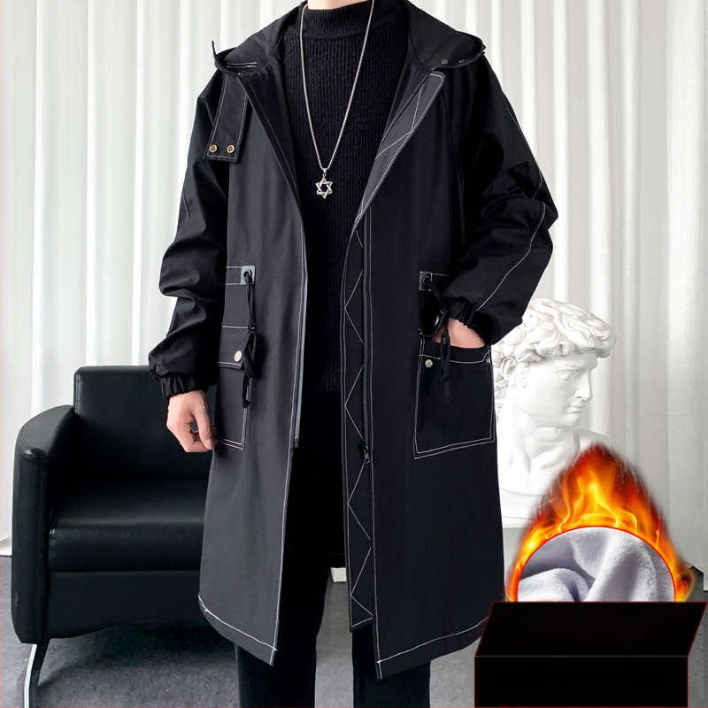 Parka s kapucňou v korejskom štýle, fleece podšívkou, opasok v páse a zipsovým uzáverom, stredná dĺžka