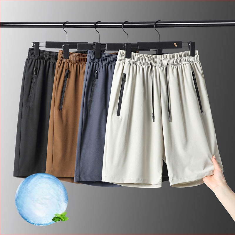 Pánske letné šortky s automatikou na zips, ice silk polyester, rovný strih, dĺžka piatich bodov