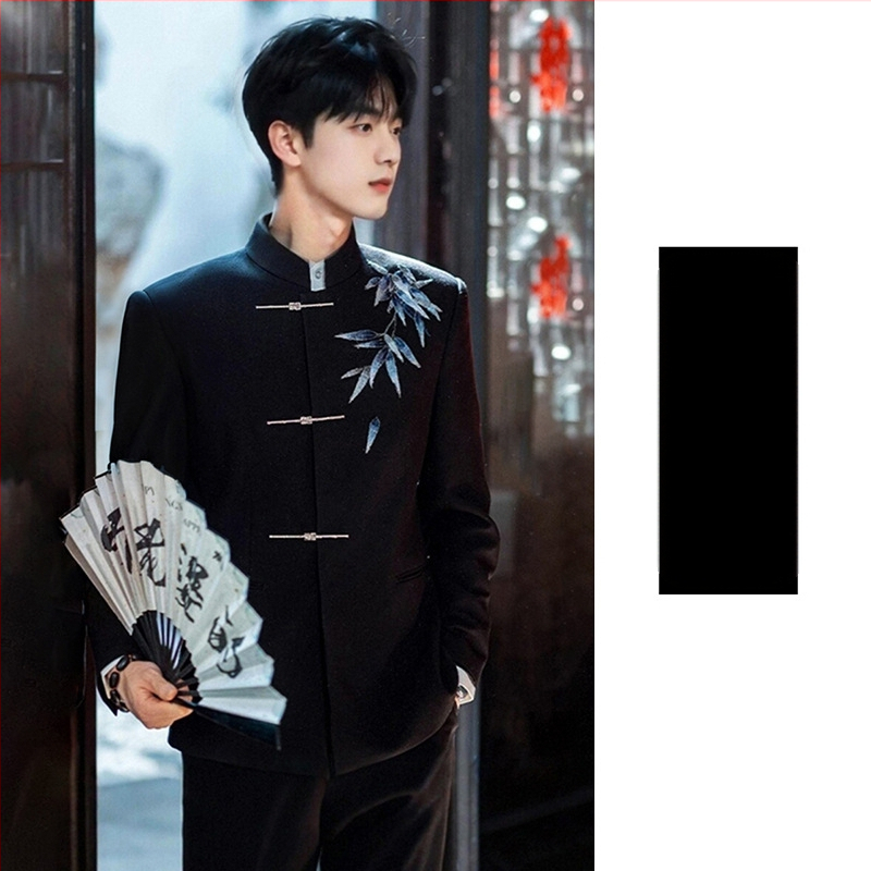 Kínai stílusú Tang öltöny vőlegénynek, hímzett, karcsúsított szabás, álló gallér, bankett öltöny, 2025 tavasz, poliészter-keverék