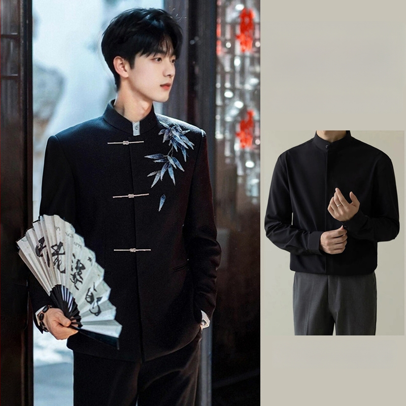 Kínai stílusú Tang öltöny vőlegénynek, hímzett, karcsúsított szabás, álló gallér, bankett öltöny, 2025 tavasz, poliészter-keverék