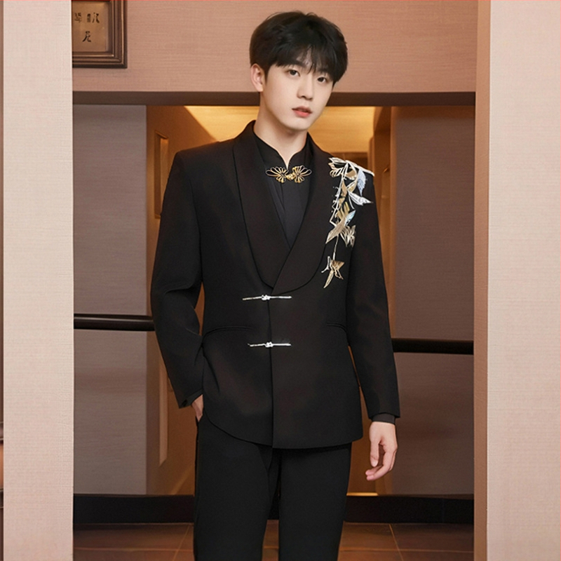 Vőlegény Zhongshan stílusú esküvői öltöny — zakó egysoros, kétgombos zárás, szabott szabás, poliészter-keverék, patchwork dizájn, tavaszi esküvőkre