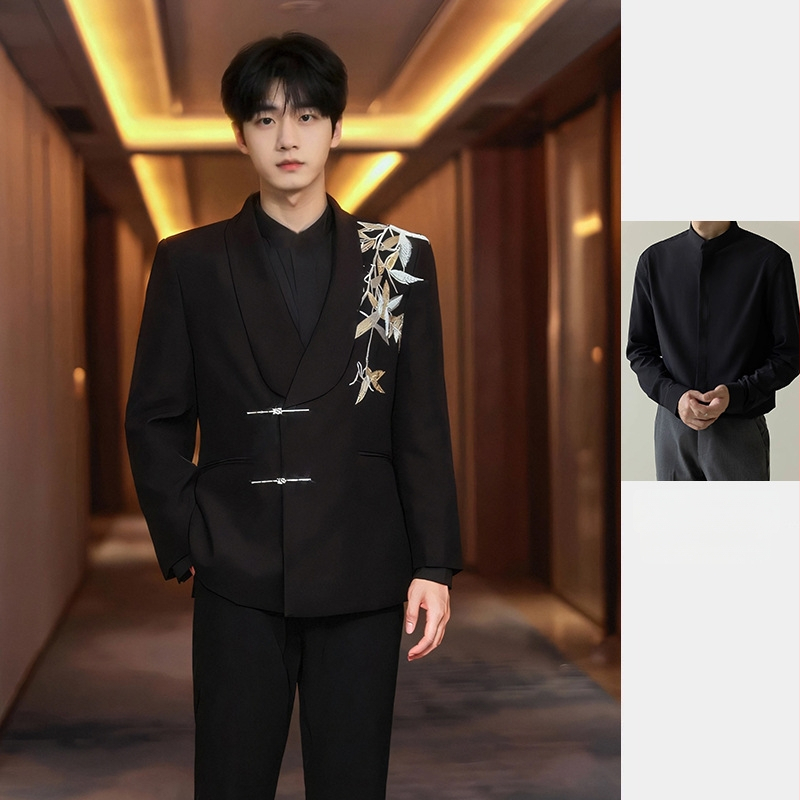 Vőlegény Zhongshan stílusú esküvői öltöny — zakó egysoros, kétgombos zárás, szabott szabás, poliészter-keverék, patchwork dizájn, tavaszi esküvőkre