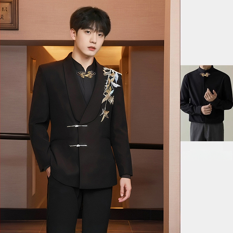 Vőlegény Zhongshan stílusú esküvői öltöny — zakó egysoros, kétgombos zárás, szabott szabás, poliészter-keverék, patchwork dizájn, tavaszi esküvőkre