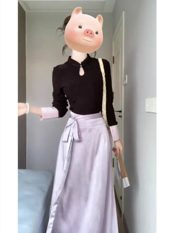 Dvojdielny set z chenille s 90-95% Spandex: top s dlhými rukávmi a dierovanými gombíkmi + polovičná sukňa s vyvýšeným kvetinovým motívom (jeseň-zima)