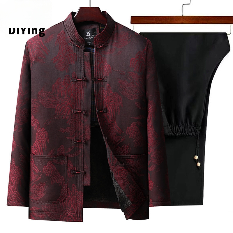 Vyrų žieminis Tang kostiumas – dviejų dalių komplektas su flisinė įdėkle, 100% poliesteris, kasdieniam stiliui, Diying prekės ženklas, leidimas 2024