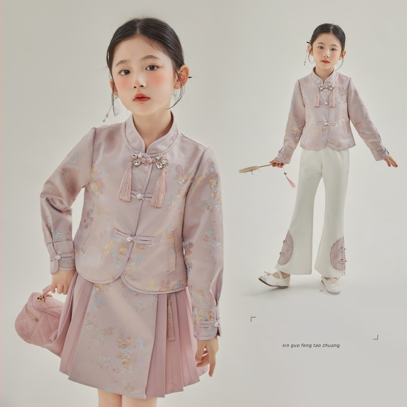 Dievčenský kostým so sukňou, čínskeho štýlu, dvojdielny set, jar 2025, pre deti 3–8 rokov, polyester