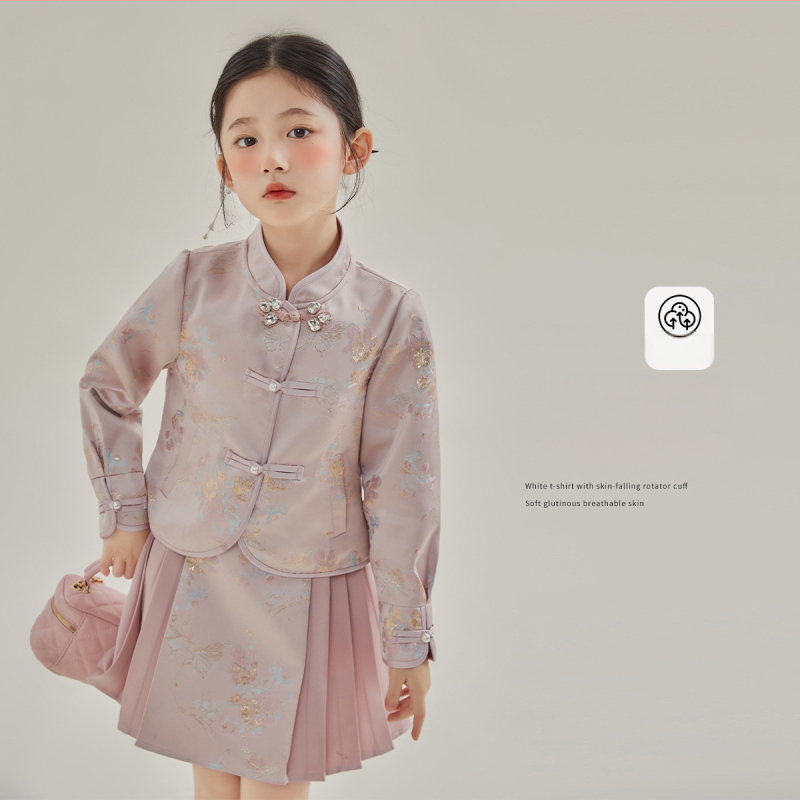Dievčenský kostým so sukňou, čínskeho štýlu, dvojdielny set, jar 2025, pre deti 3–8 rokov, polyester