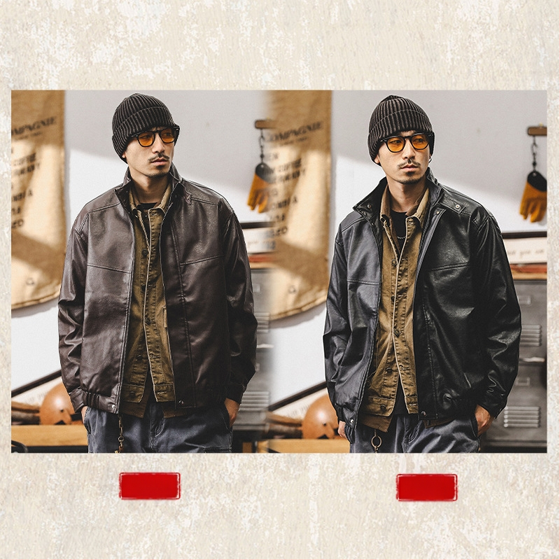 Bunda z PU kože, Amekaji štýl, stojací golier, zips, voľný strih