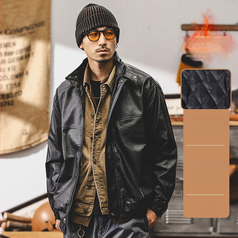 Bunda z PU kože, Amekaji štýl, stojací golier, zips, voľný strih