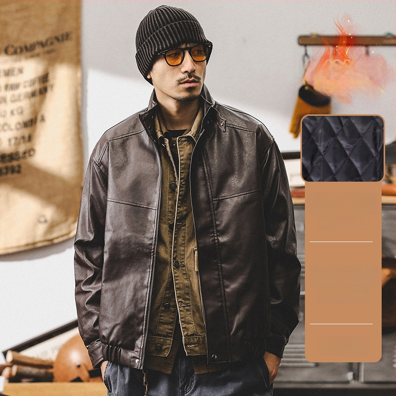 Bunda z PU kože, Amekaji štýl, stojací golier, zips, voľný strih