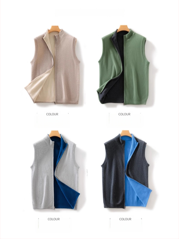 Vlnená pletená vesta kardigán s stojacim golierom, bez rukávov, zipsom vpredu, dvojstranná, 100% vlna