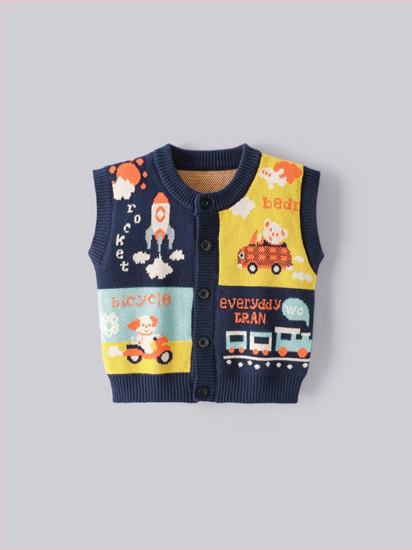Detská bavlnená pletená vesta v kórejskom štýle s kruhovým výstrihom, bez rukávov a karikatúrnymi motívmi