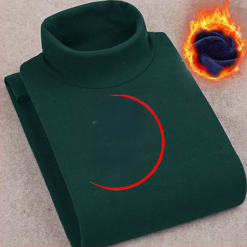 Корейски стил пуловер тениска с поларена подплата, висока яка, тясна кройка, дълги ръкави