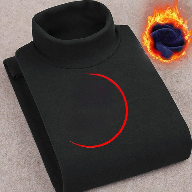 Корейски стил пуловер тениска с поларена подплата, висока яка, тясна кройка, дълги ръкави