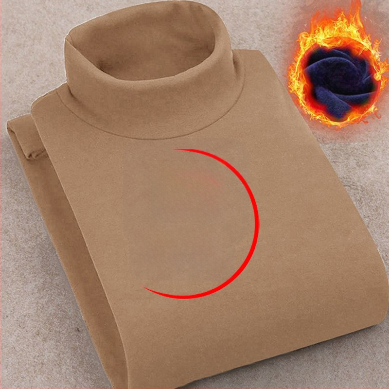 Корейски стил пуловер тениска с поларена подплата, висока яка, тясна кройка, дълги ръкави